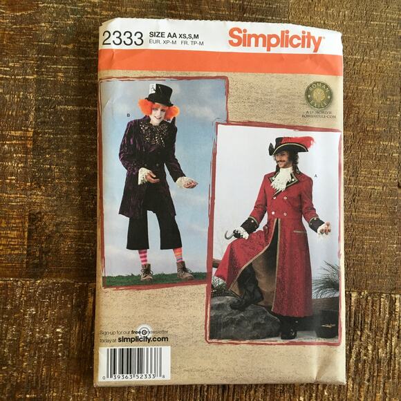 Simplicity Sewing Pattern 2333 Mens Mad Hatter Captain Hook Cosplay XS S M UNCUT - Picture 1 of 2